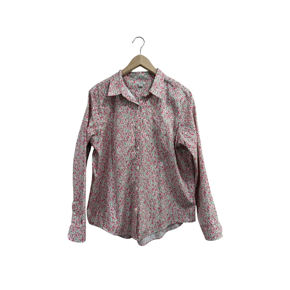 LL Bean Wrinkle Resist Floral Button Down Shirt Pink Green White Cotton L REG
